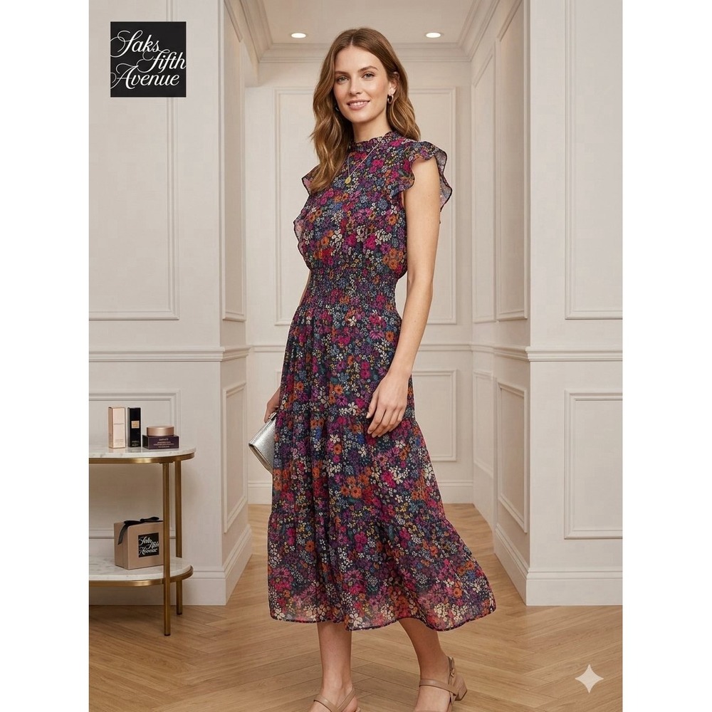 NWT Saks Fifth Avenue Wildflower Maxi Dress Size XL Smocked Waist